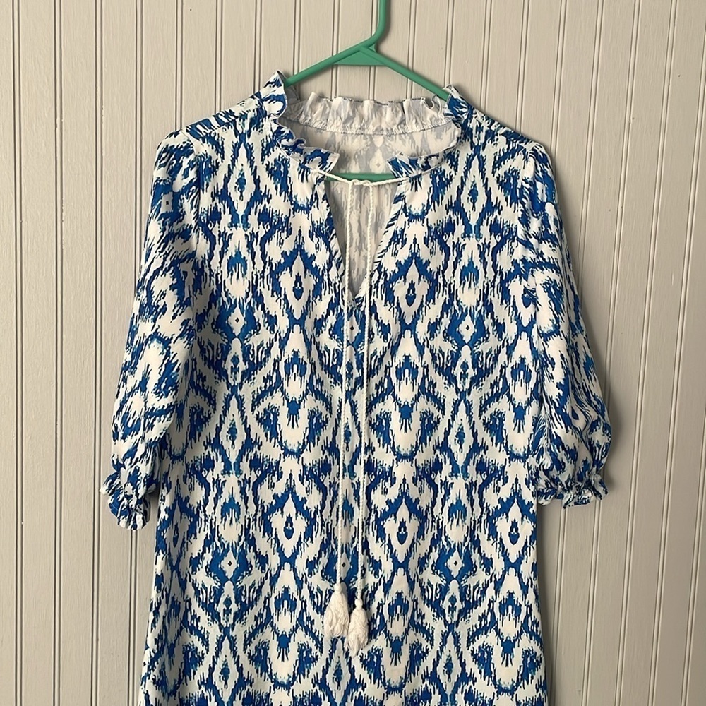 Blue Boho Pattern Maxi Elegant Short Sleeve V Neck Loose Swing Dress | Small - Picture 3 of 14